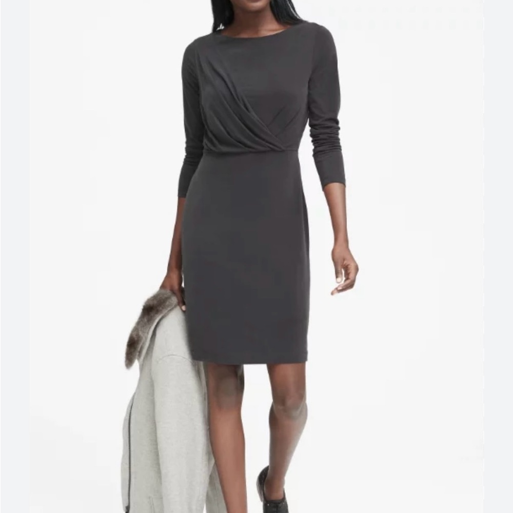 NWT Banana Republic Black Long Sleeve Minimalist Dress Drape Front Size Small